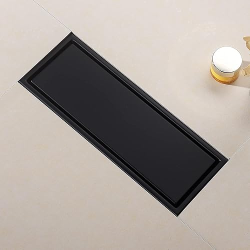 Miniatura 2 de DEOKXZ Tubo de drenaje de ducha lineal negro de 12 pulgadas con rejilla de inserción de azulejos, cubierta oculta desmontable, drenaje de piso