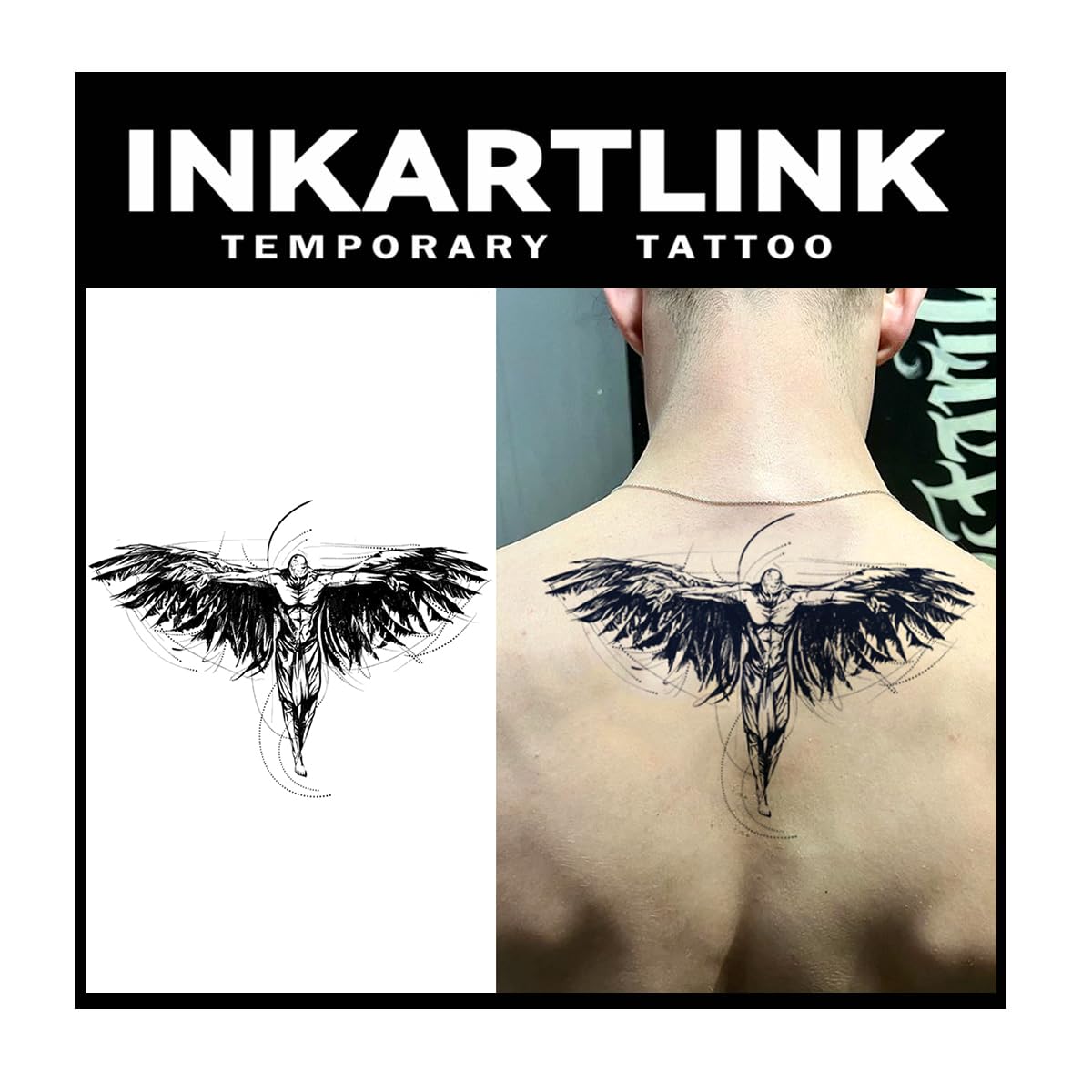 INKARTLINK Tattoo Tech,2 Sheets Extra-Large Semi Permanent Tattoo,Adult Art Design Temporary Tattoos, Lasts 1-2 Weeks, Waterproof, Realistic look, No Adhesive, No reflection (Angel's Shelter Design?
