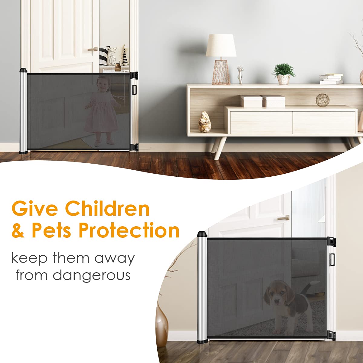 RELAX4LIFE Barrera de Seguridad Extensible hasta 130CM, Valla de Seguridad de Aluminio y Textileno para Perros, Bebés y Gatos, Barrera de Seguridad para Puertas y Escaleras, 130x80cm, Gris