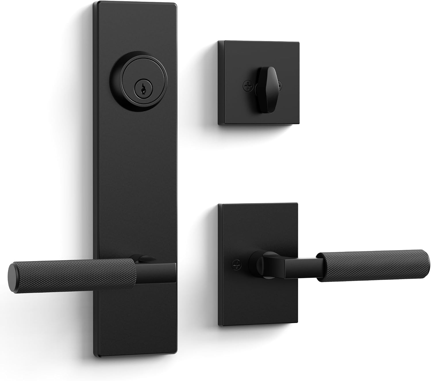 Asidrama Matte Black Solid Heavy-Duty Knurled Front Door Handle Set with Deadbolt, Architectural Grade Modern Entry Door Lockset, Premium Mechanical Exterior Door Handleset, Reversible