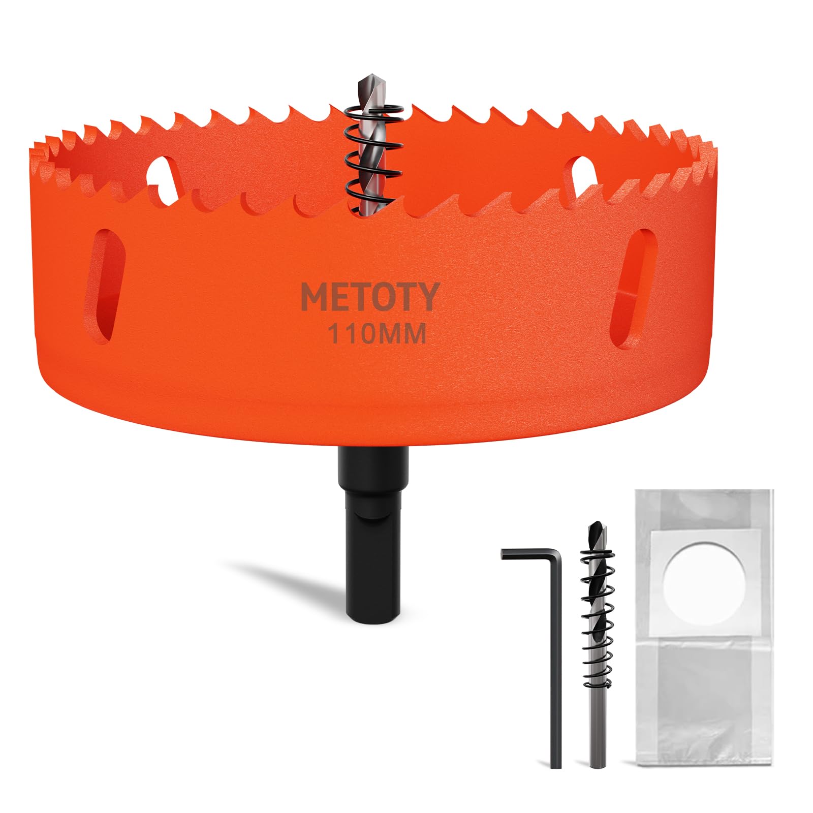 METOTY 110mm Bi-Metal Hole Saw,Universal HSS M42 Hole Saws,with Triangular Shaft Adapter and Centring Drill, One Free Dust Bag for Aluminum, Metals, Plastics, Acrylic Glass, Wood, Gypsum board