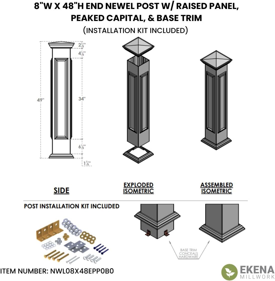 8"W x 48"H End Newel Post with Panel, Peaked Capital & Base Trim (Installation kit Included)