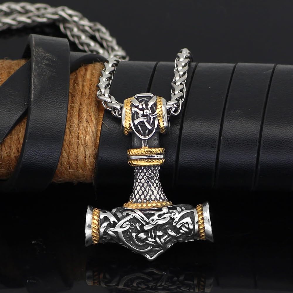 Łańcuszek na szyję z młotem i thor, wisiorek z młotem Thora, celtycki węzeł, dla mężczyzn, stal nierdzewna, 60 cm, m, Stal nierdzewna