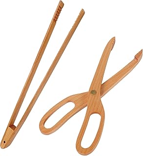 1 pcs Chopstick Tong (28 cm/11''), 1 pcs Scissor Tong (25 cm/9.8''), Long Toast Tongs with Anti-slip Tips, Wooden Tong with Extended Handle, Beech Wood, Thicken, Ideal for Bread, Cake, Fruit