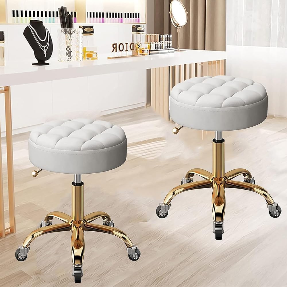 Metal Titanium Gold Rolling Bar Stool Counter Work Stool Adjustable Round Swivel Chair with 5 Claws Wheels- for Beauty Salon-A
