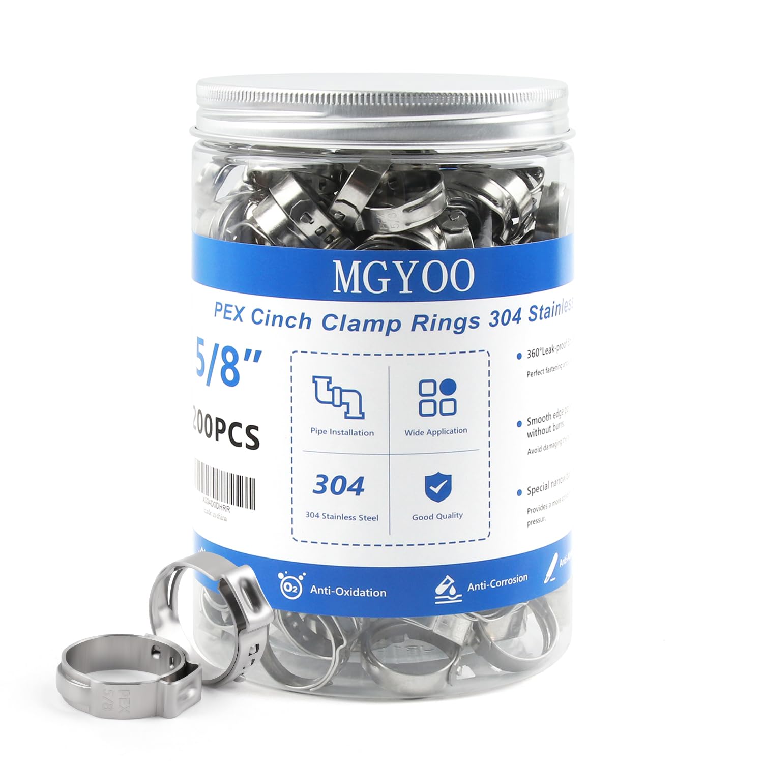 5/8 Inch PEX Clamps 200pcs Crimp Rings Single Ear Hose Clamps Stainless Steel Fittings Cinch Clamp Ring for Pipe Tubing