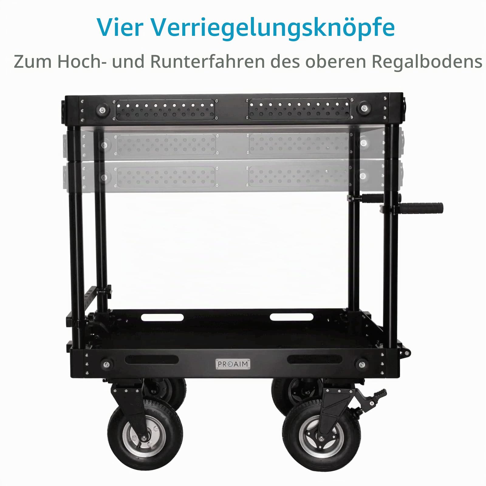 PROAIM Victor V1.1 42" Videoproduktions-Kameratrolley. Fahrzeugbelastbarkeit bis 200 kg/440,9 lb - höhenverstellbar und mit Rad. Mit Feststellfunktion an der Drehachse (VCTR-V1-42) | CNC Aluminium und Edelstahl; Luftreifen 9" Räder, 22" Lenkstange, integr
