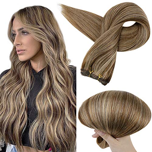 Weft Hair Bundles Balayage Hair Weft 14 Inch 100 Gram Sew in Hair Color 4 Medium Brown and 27 Honey Blonde Hair Bundles Brazilian Hair Double Wefted