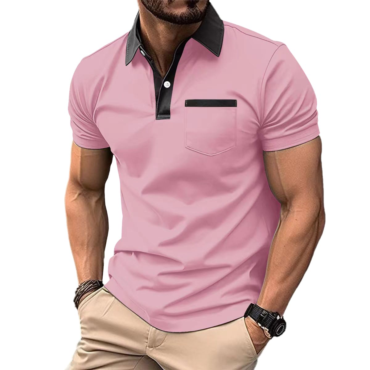 Mens Casual Polo Shirts Short Sleeve Button Golf Slim Fit Shirt with Pocket & Collar Lightweight Spring Summer Stylish Tops Pink
