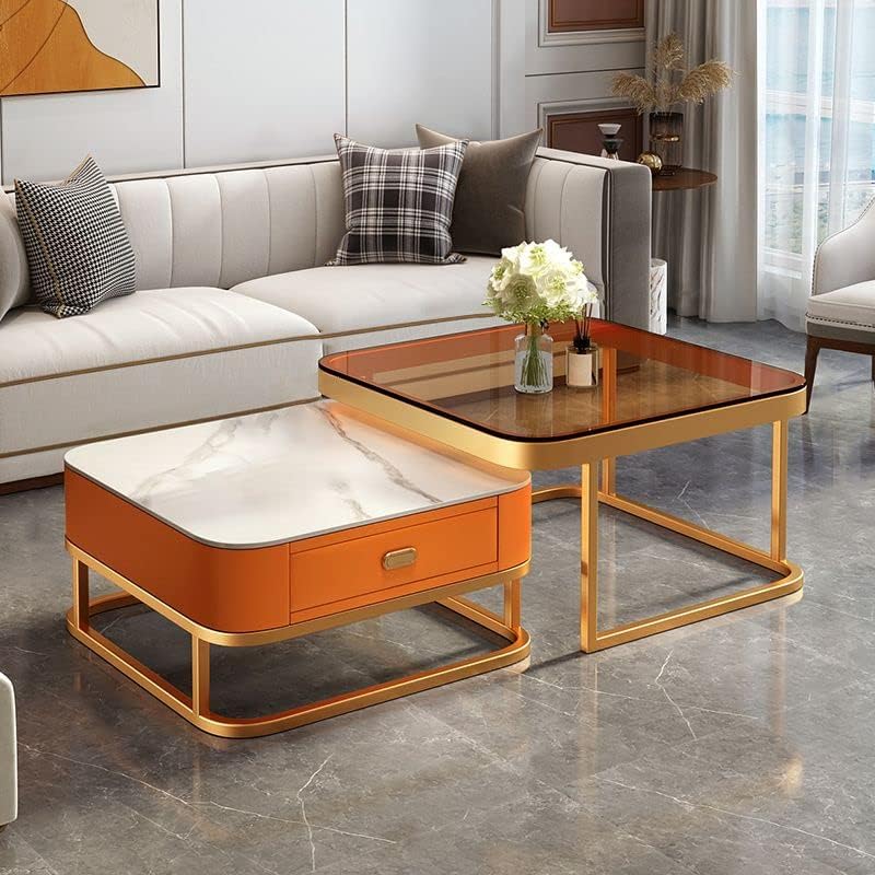 CraftThink Coffee Table, Modern Style 17.72" Tall Glam Style Coffee Cocktail Table Metal Frame 2 Nesting Coffee Table for Living Room - White Orang 28" L x 28" W x 18" H + 24" L x 24" W x 15" H