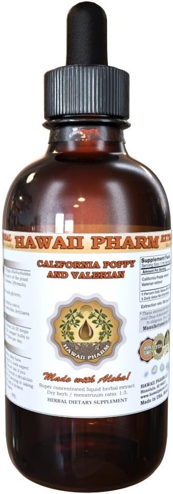 Hawaii Pharm California Poppy and Valerian Liquid Extract, California Poppy (Eschscholzia Californica) and Valerian (Valeriana Officinalis) Tincture Supplement 4 oz