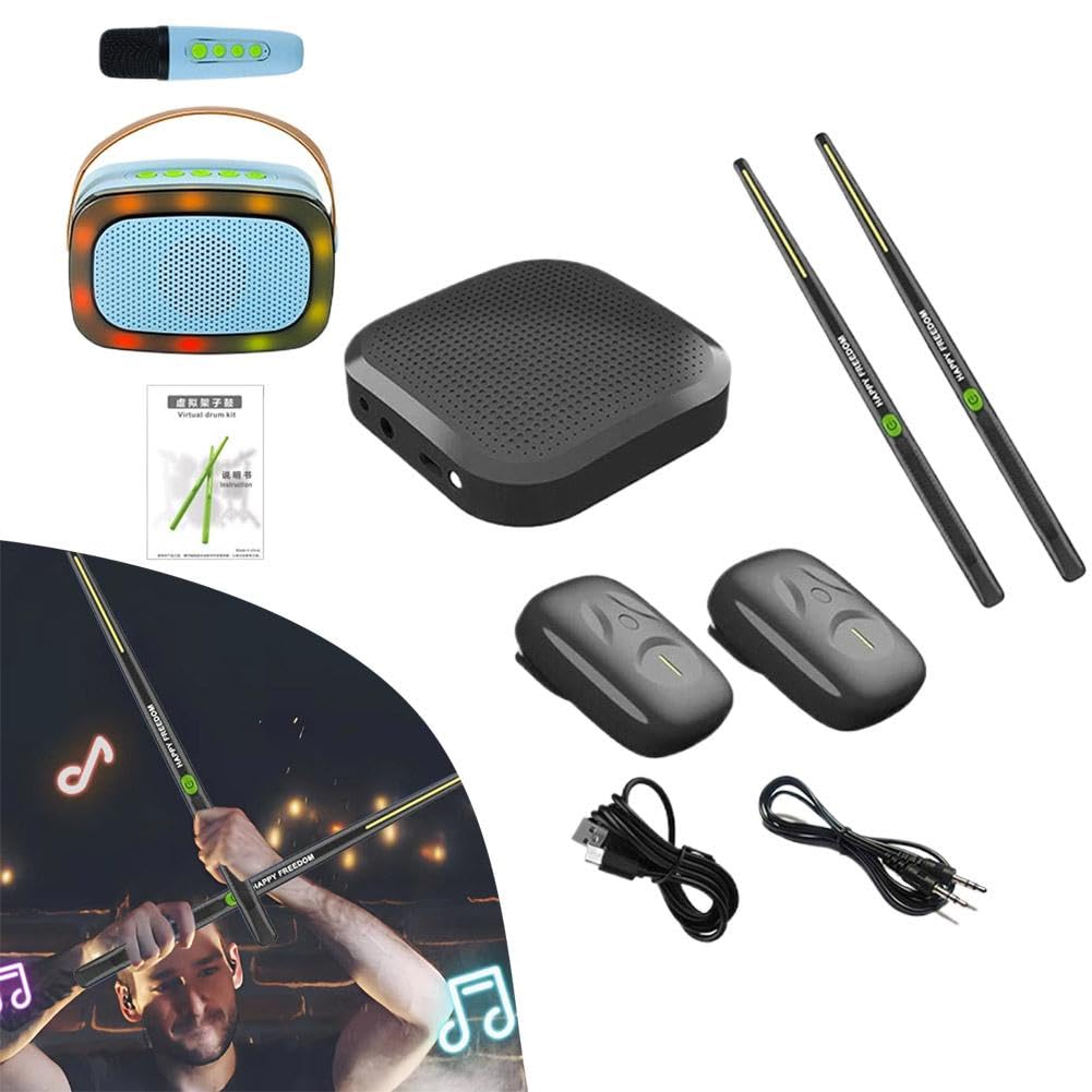 Set di batteria virtuale ad aria con bacchette RGB Bluetooth e pedali – Batteria elettronica portatile ricaricabile con rilevamento del movimento, divertente strumento per la pratica, regalo per