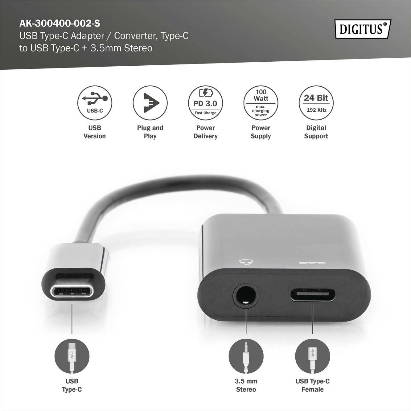 DIGITUS USB Type-C Splitter Cable, Type C - 3.5 mm + Type C Male/Female / 0.2 m, Gen2, 5 A, 10 GB, Vers. 3.1, CE, SW