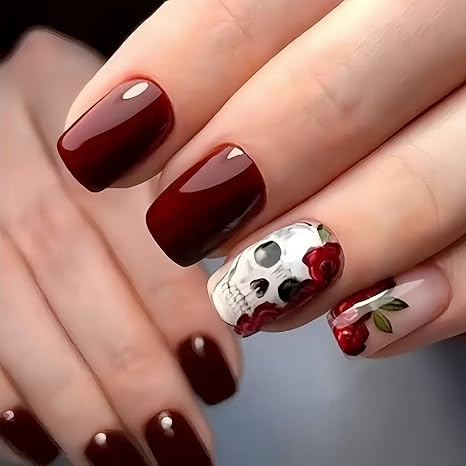 Halloween Press on Nails Skeleton Square Fake Nails with Flowers Designs Red Glossy Acrylic Nails Full Cover Halloween Skull Stick on Nails for Women Nails Manicure Decoration 24 Pcs
