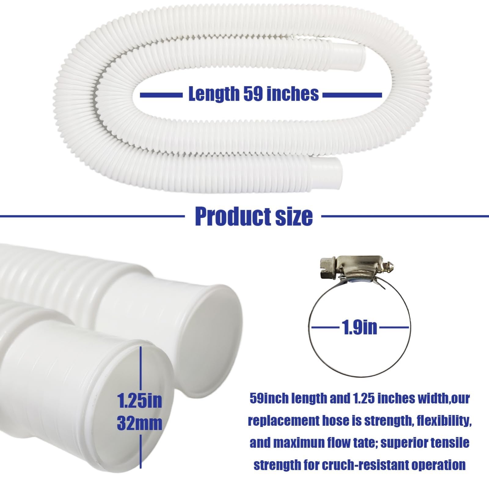 Zestaw 2 wymiennych węży do pompy basenowej Intex (3,2 cm x 150 cm) – wytrzymałe węże filtrujące PCW z 4 zaciskami ze stali nierdzewnej, kompatybilne z pompami naziemnymi Intex 603/637 i Coleman