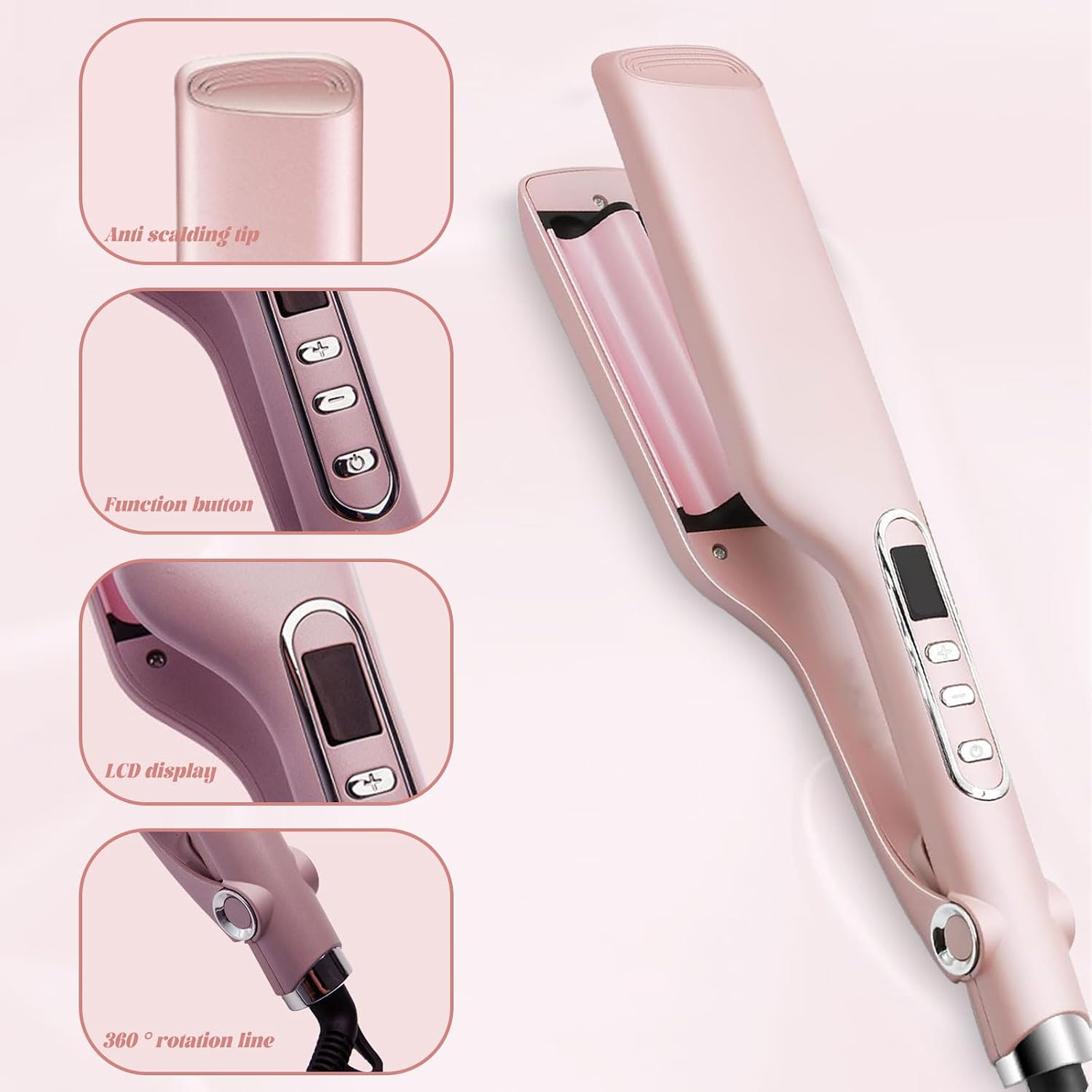 Crimper Curling Iron, 5 Adjustable Temp Wave Curling Iron, Fast Heating Curling Wand with LCD Display, 2 Barrel Hair Crimper Wand, Anti-Scalding Anti-Tangle Ceramic Hair Waver for Hairstyle (Pink)