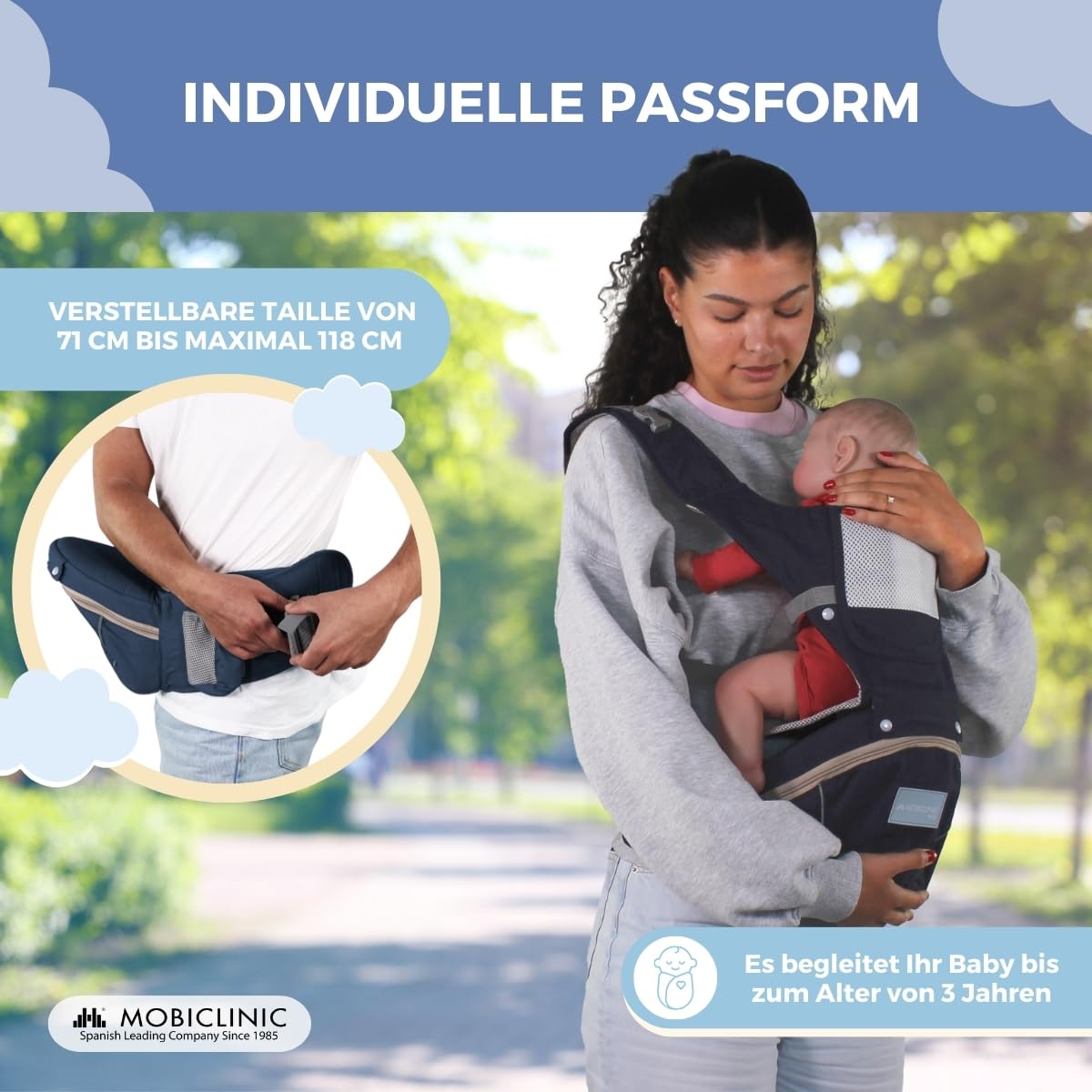 Mobiclinic® kids, Babytrage, 6 in 1, Moley, Mehrpositionale, Faltbar, Reißverschlusstasche, Flaschenhalter, Weiches premium-baumwolle, 0-36 monate, Für neugeborene und kinder (marineblau)