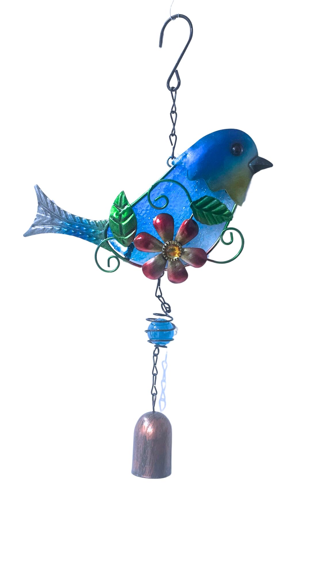 Beautiful Blue Bird Sculpture Wind Bell Chime Garden Decoration for Gate and Door Chimer Metal and Stained Glass Ready to Hang and Enjoy Yard Patio Garden Windchime