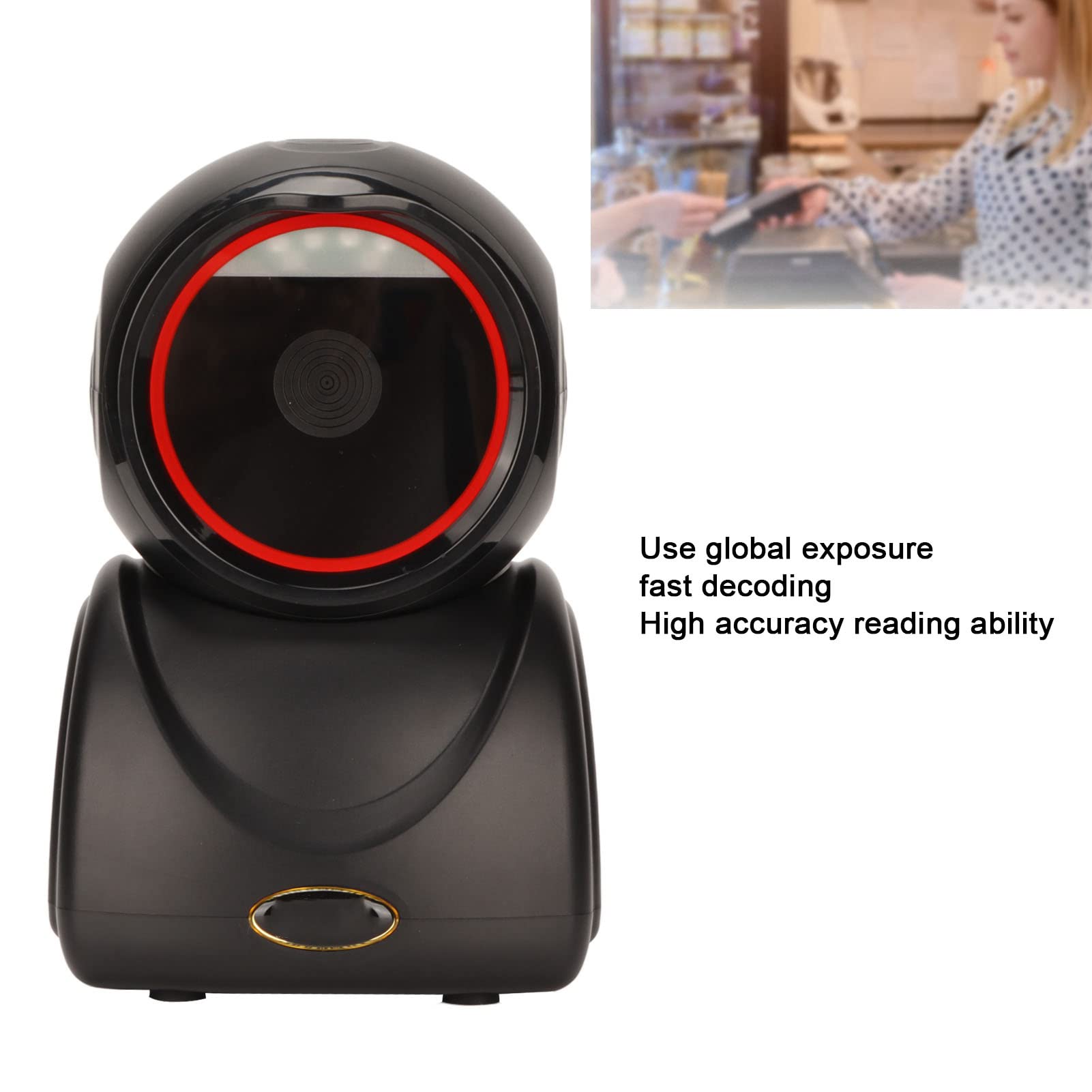 Escáner de código QR de escritorio decodificación Rápida precisa CMOS USB escaneo omnidireccional Soporte de dispositivo ABS Negro Lectura de pantalla de teléfono móvil para centros (Negro)