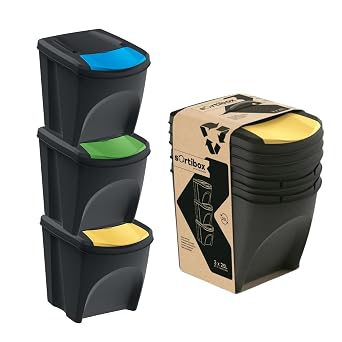 Sorting Waste Bin Set Recycling Segregation Stackable Lidded 3 Colours Black Grey Ashen Flap Lid 20L 25L 35L (Black, 3pcs x 25 Litre)
