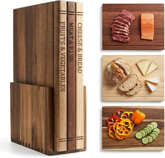 Book-Inspired Acacia Wood Cutting Board Set with Stand, 3-Piece Categorized Boards with Engraved Labels Space-Saving Upright Storage, Prep