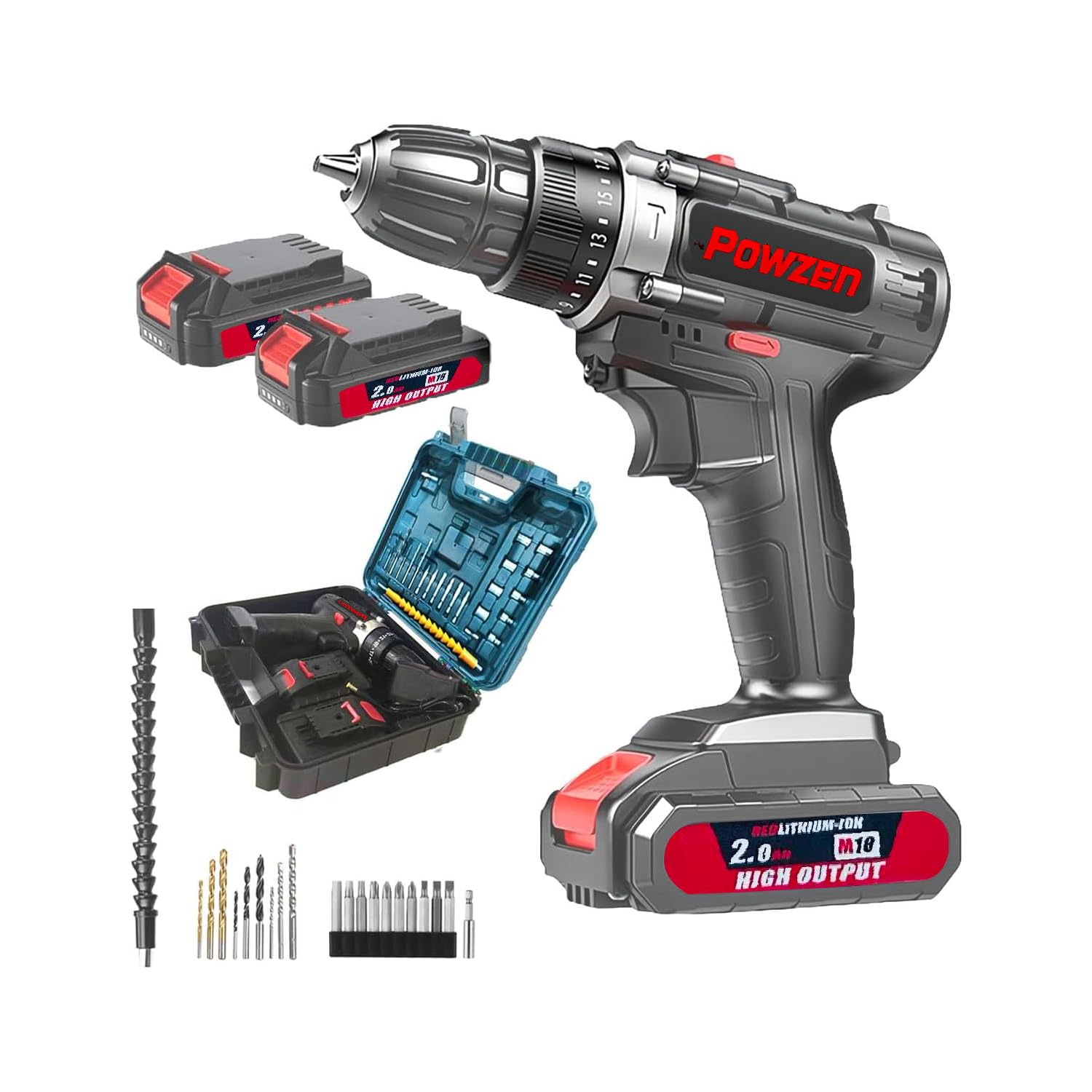 POWZEN 21V Brushless Cordless Power Drill 【2 Battery】 with 2x 2.0Ah Battery and Charger (531 in.lbs)- 3/8 inch Chuck Brushless Impact Driver, LED Work light Hammer Drills