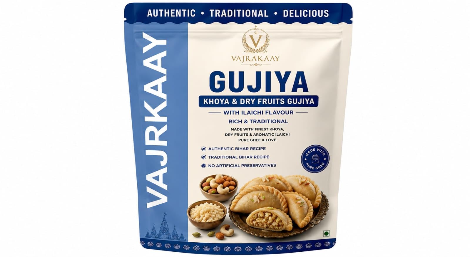 Vajrakaay Khoya Gujiya Traditional Indian Sweet Handmade Crispy Gujiya with Rich Khoya & Dry Fruit Filling Festive Mithai for Holi Diwali Raksha Bandhan and Celebrations 1,250gm-image-11