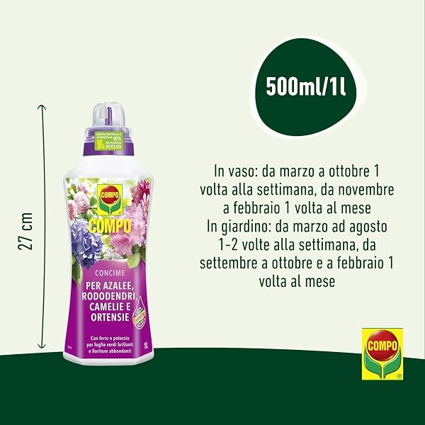 COMPO Concime per Rododendri, Azalee, Camelie e Ortensie, Per tutte le Piante acidofile da balcone, terrazzo o giardino, 1 l - 3