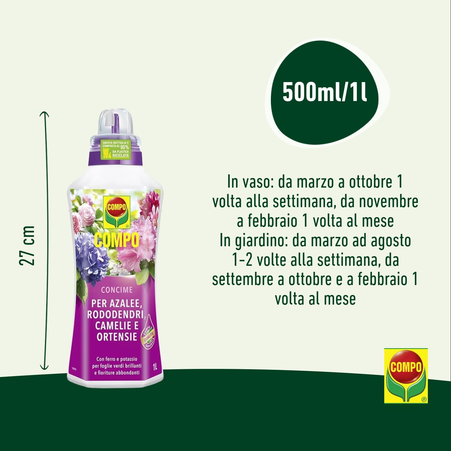 COMPO Concime per Rododendri, Azalee, Camelie e Ortensie, Per tutte le Piante acidofile da balcone, terrazzo o giardino, 1 l - 4