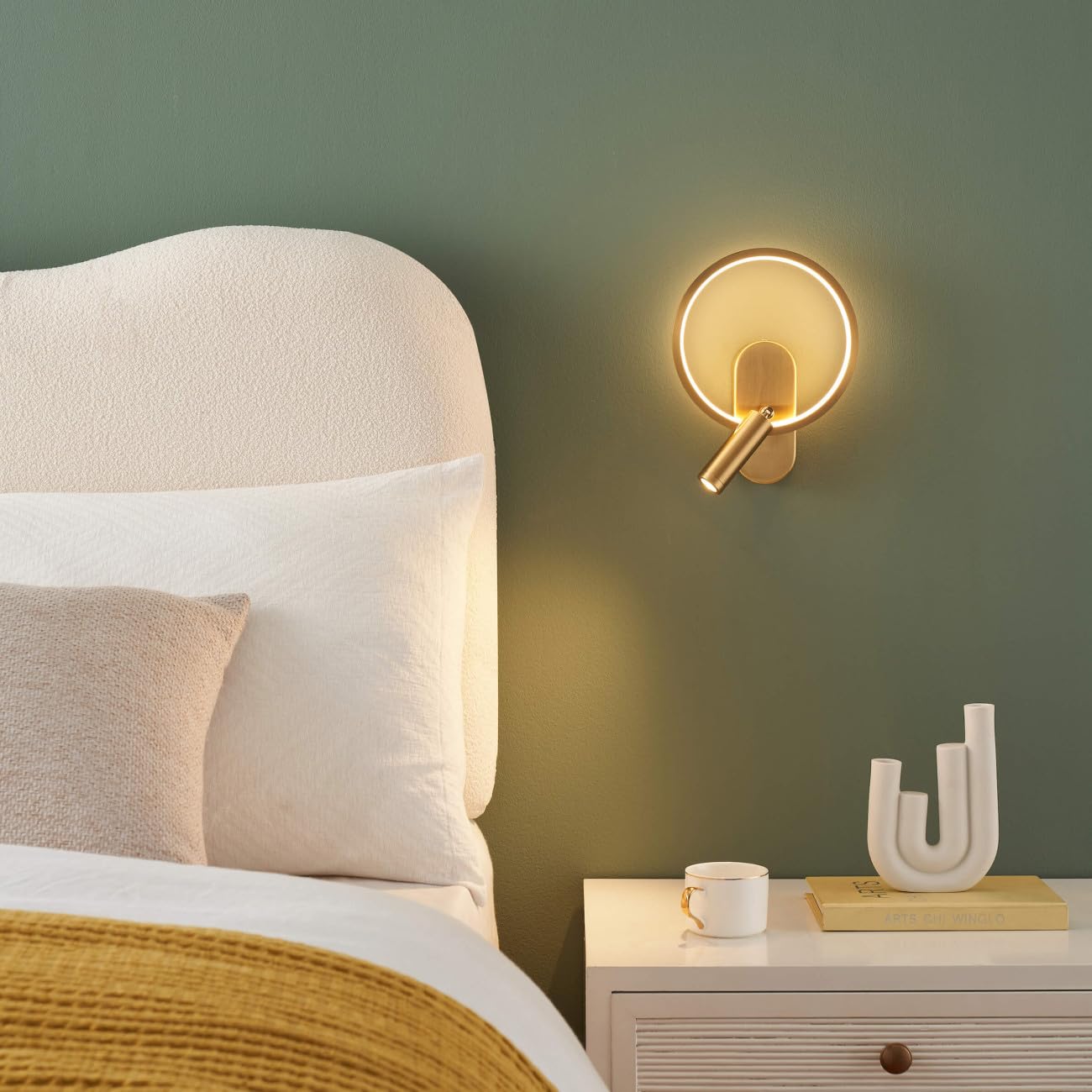 KOSILUM – Aplique dorado doble luz con lector centrado – Lona – Luz blanca cálida iluminación salón dormitorio cocina pasillo – 1650 lm – LED integrado – IP20