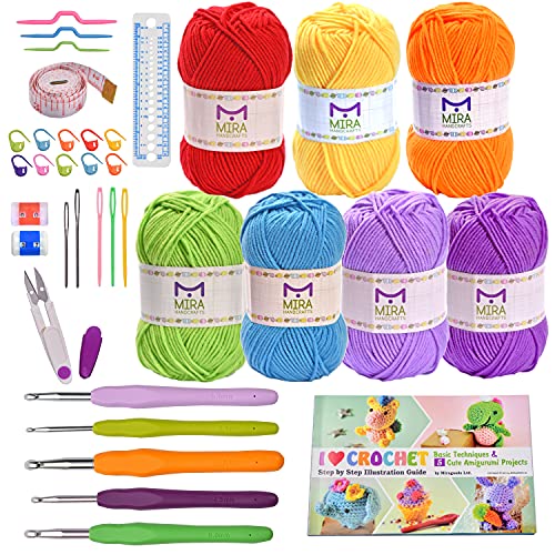 Mira Handcrafts Rainbow Acrylic Yarn with Full Crochet Kit, Paperback Project Book and 8 E-Books with Crochet Yarn Patterns â€“ Ideal Starter Kit for Multicolored String Crafts