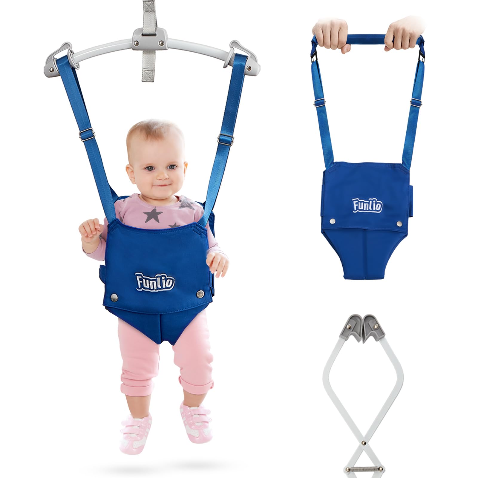FUNLIO 2-in-1 Baby-Türspringer mit Türklemme und Laufgurt für 6-24 Monate. Stabiler Sprungmechanismus mit verstellbarem Gurt, einfach zu montieren und zu verstauen - Blau