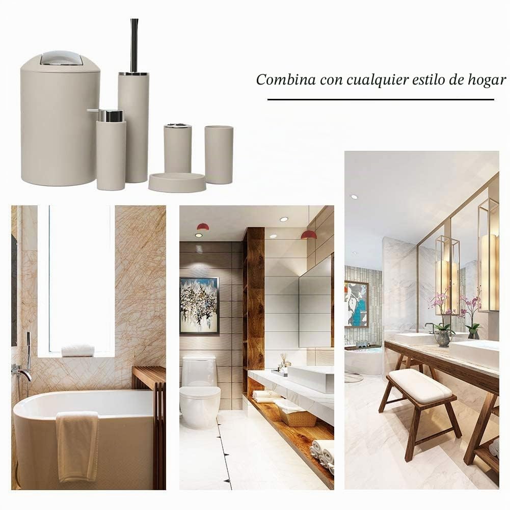 Zalati Juego de accesorios de baño 6 piezas - botella de loción, portacepillos de dientes, jabonera, escobilla de inodoro, papelera - beige