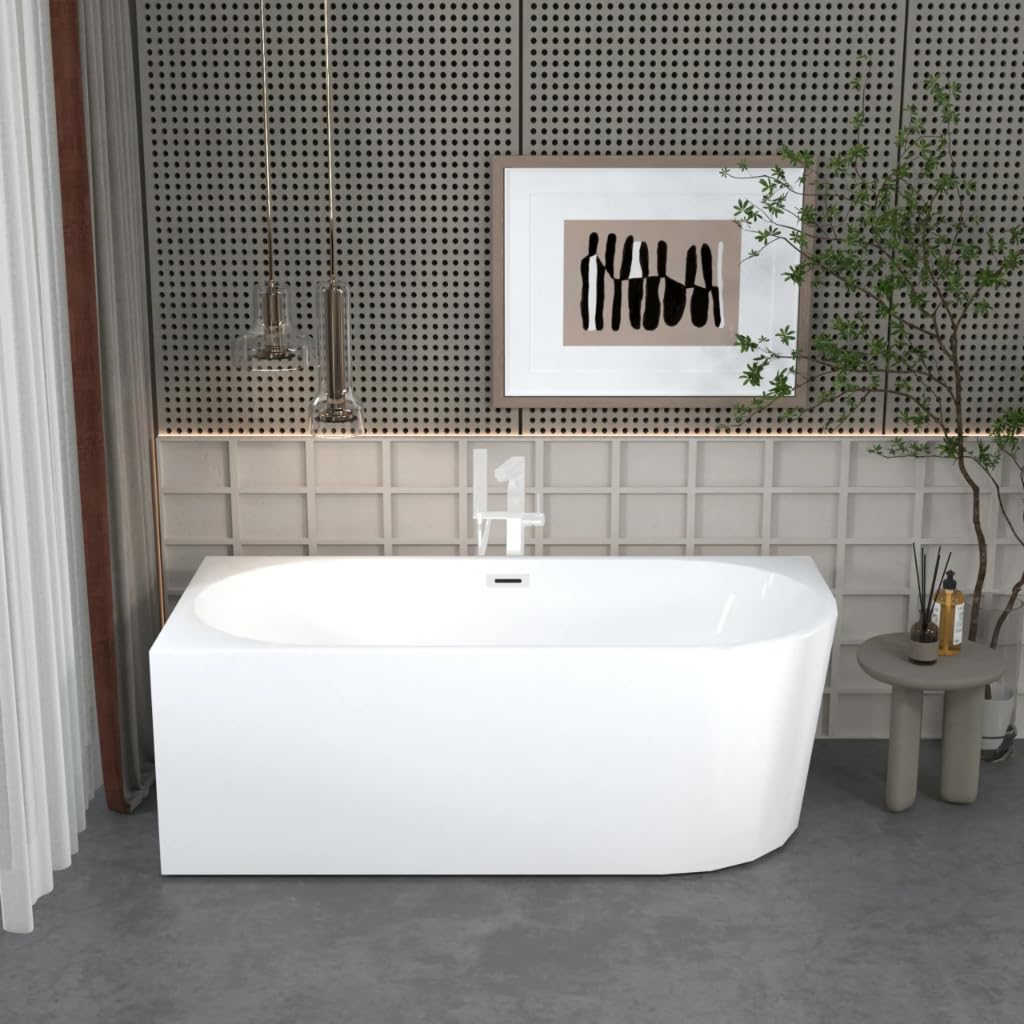 Aquauno, vasca angolare indipendente sinistra 170 x 80 cm, ovale in acrilico sanitario di alta qualità, vasca da bagno in acrilico con scarico click, troppopieno, copertura, scarico e telaio in