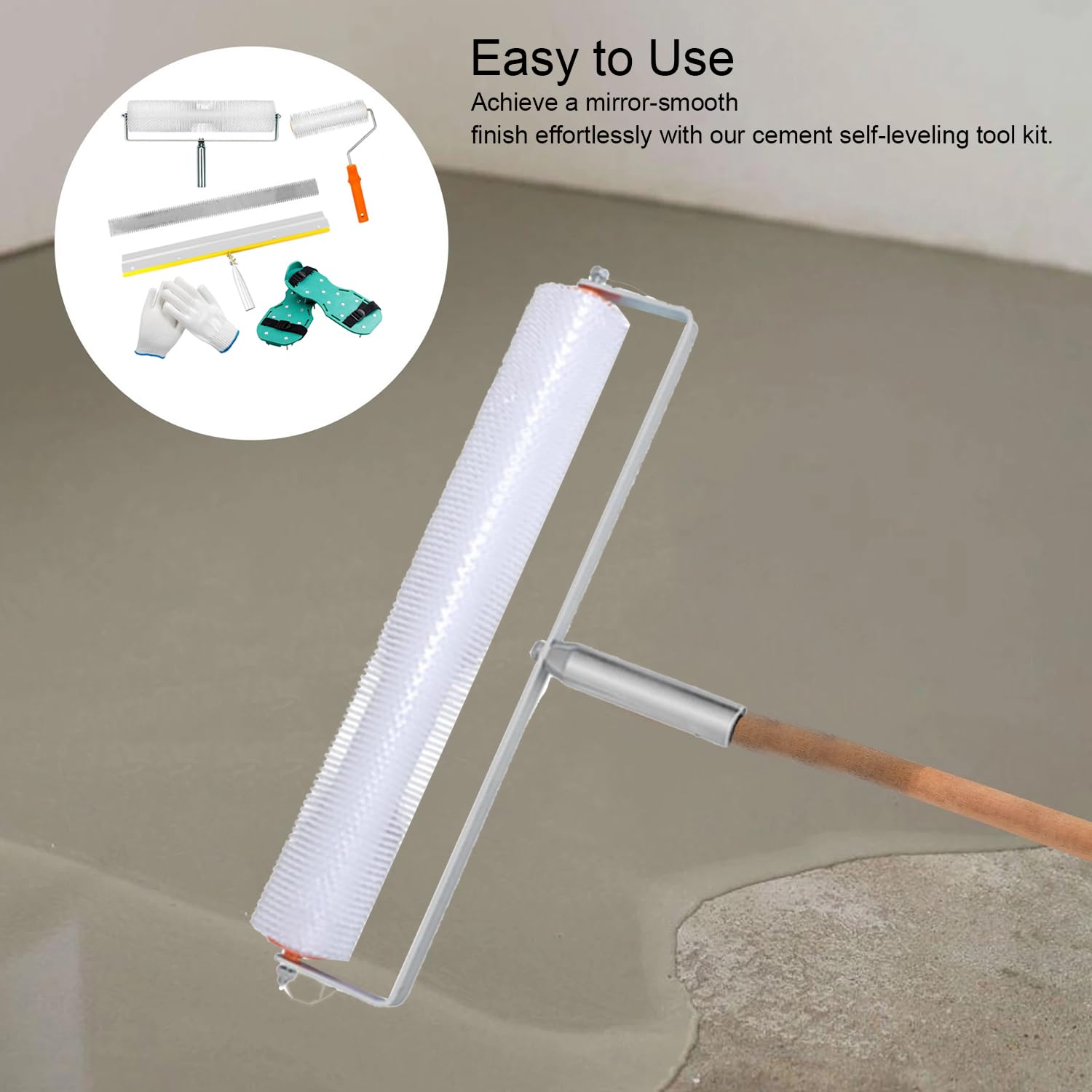 Kit d'outils de ciment autonivelant,Outils de Ciment Ragreage,Rouleaux anti-mousse de 23 cm et 50,8 cm,Raclette grande surface de 56 cm + botte à crampons de 3 cm,pour Niveler les Murs du Sol Composé