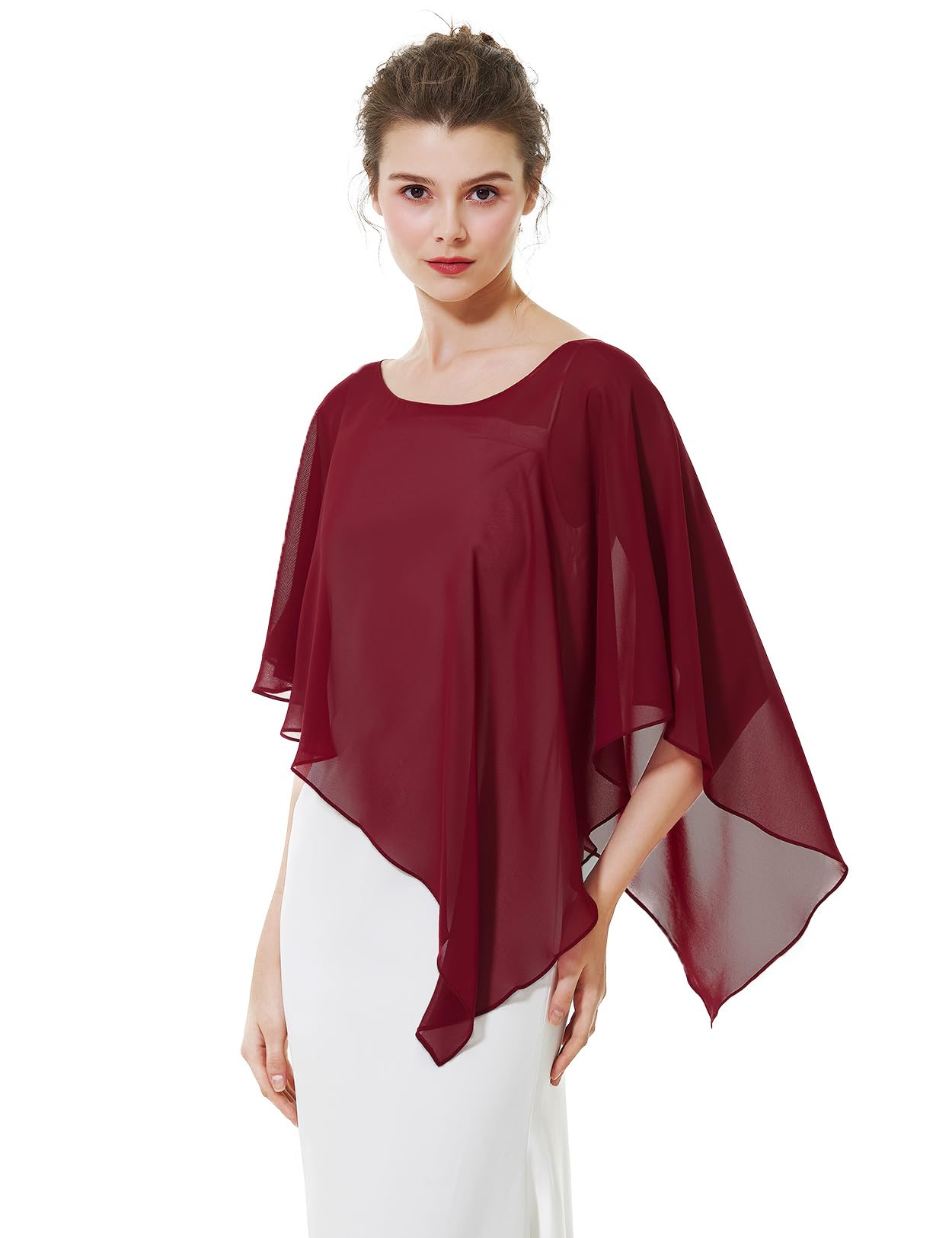 BEAUTELICATE Damen Chiffon Schal Stola Elegant Poncho Cape Brautjacket für Sommer Hochzeits Festlich Abendkleid (Asymmetrische - Burgundy, Einheitsgröße)