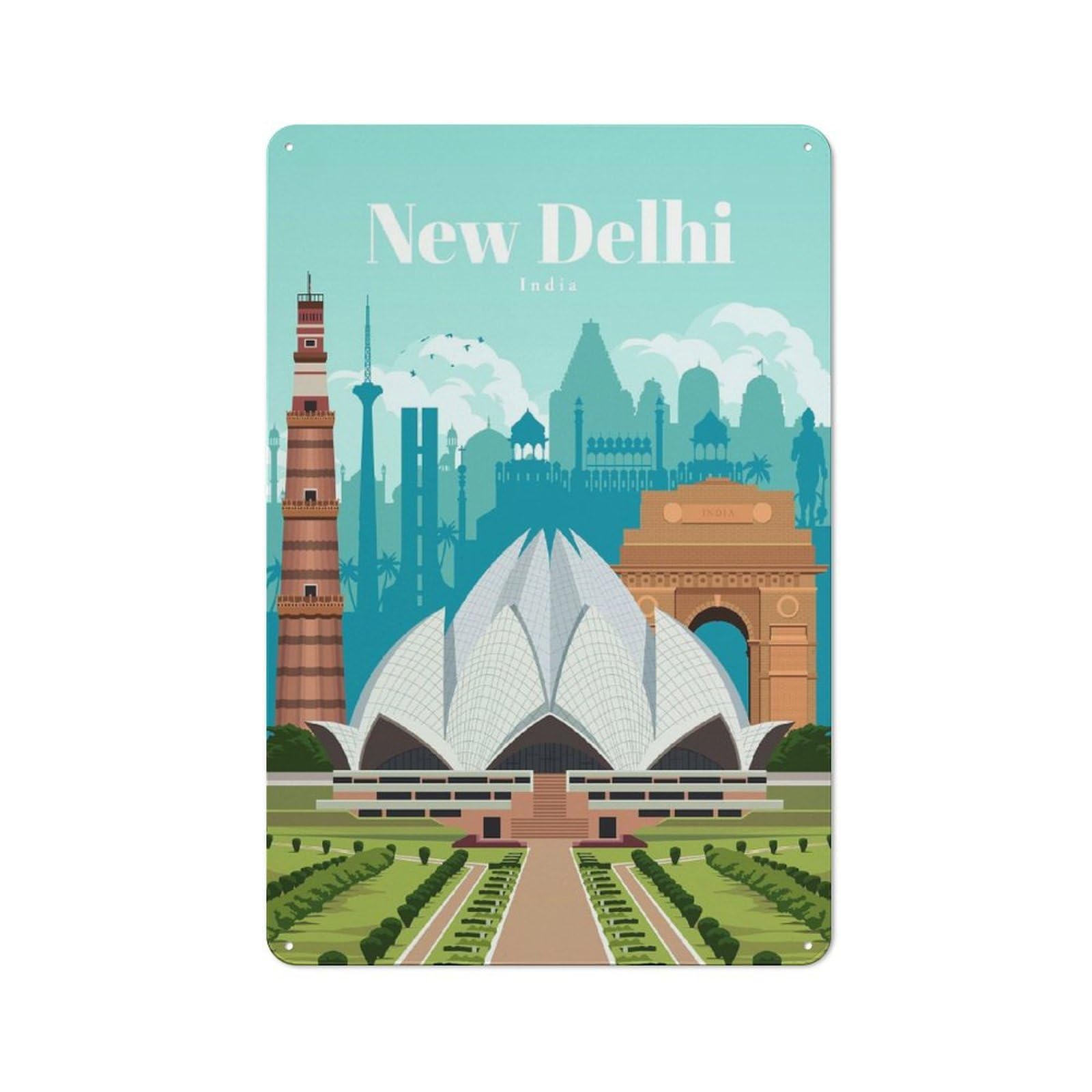 Junmoney Travel To New Delhi Metal Sign 30X20cm With For Pub Or Café, Retro Decor, For Vintage Wall Decor Fans, For Garage And Workshop Walls