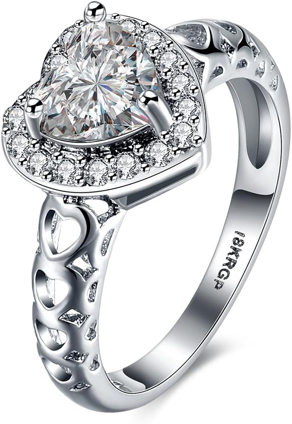DreamSter Heart Cubic Zirconia Diamond Rings for Women Wedding Promise Engagement Band Plated18K White Gold