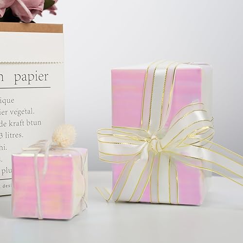 Miniatura 7 de Papel de regalo iridiscente metálico, 17 pulgadas x 33 pies, patrón holográfico iridiscente rosa femenino para niñas, papel de regalo para
