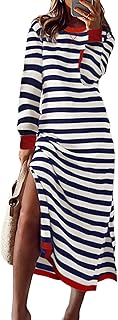 Fall Dresses for Women 2024 Striped Color Block Long Sleeve Crewneck Side Splits Casual Loose Long Maxi Dress - Buy now