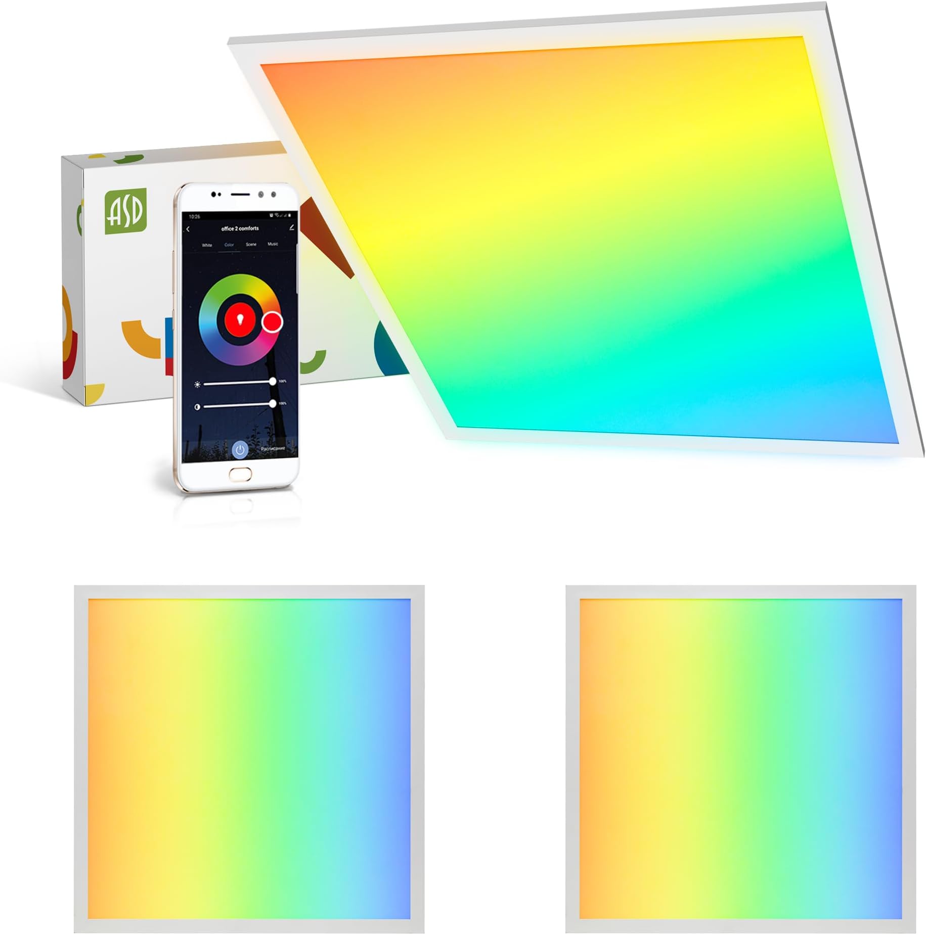 ASD 2 Pack 2x2 Smart RGBW LED Flat Panel Light - 35W UL | 4420LM 3500K 4000K 5000K Selectable Dimmable 2x2 LED Drop Ceiling Light Fixture | RGB Lights WiFi App Controlled Alexa & Google Assistant
