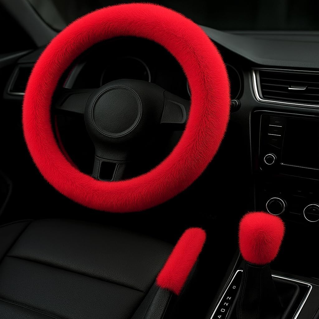 Fluffy Steering Wheel Cover 3PCS Set – Plush Fuzzy Fur Steering Wheel Cover with Gear Shift Cover & Handbrake Cover, Winter Warm Car Accessories, Car Interior Accessories for Women (Black)