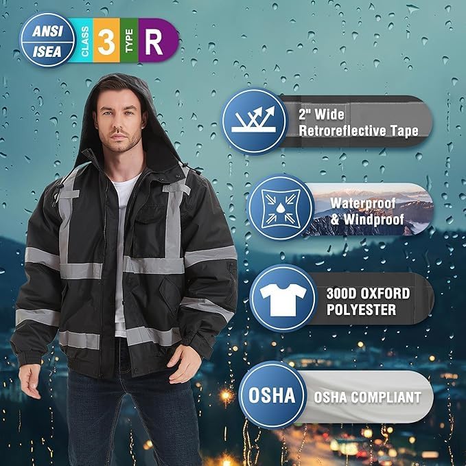 ProtectX High Visibility Waterproof Safety Jacket, Hi Visi Reflective Winter Construction Bomber Jacket for Men and Women - Image 6