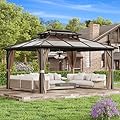 YOLENY 12'x16' Hardtop Gazebo, Outdoor Polycarbonate Double Roof Canopy, Aluminum Frame Permanent Pavilion with Curtains and Netting, Sunshade for Garden, Patio, Lawns