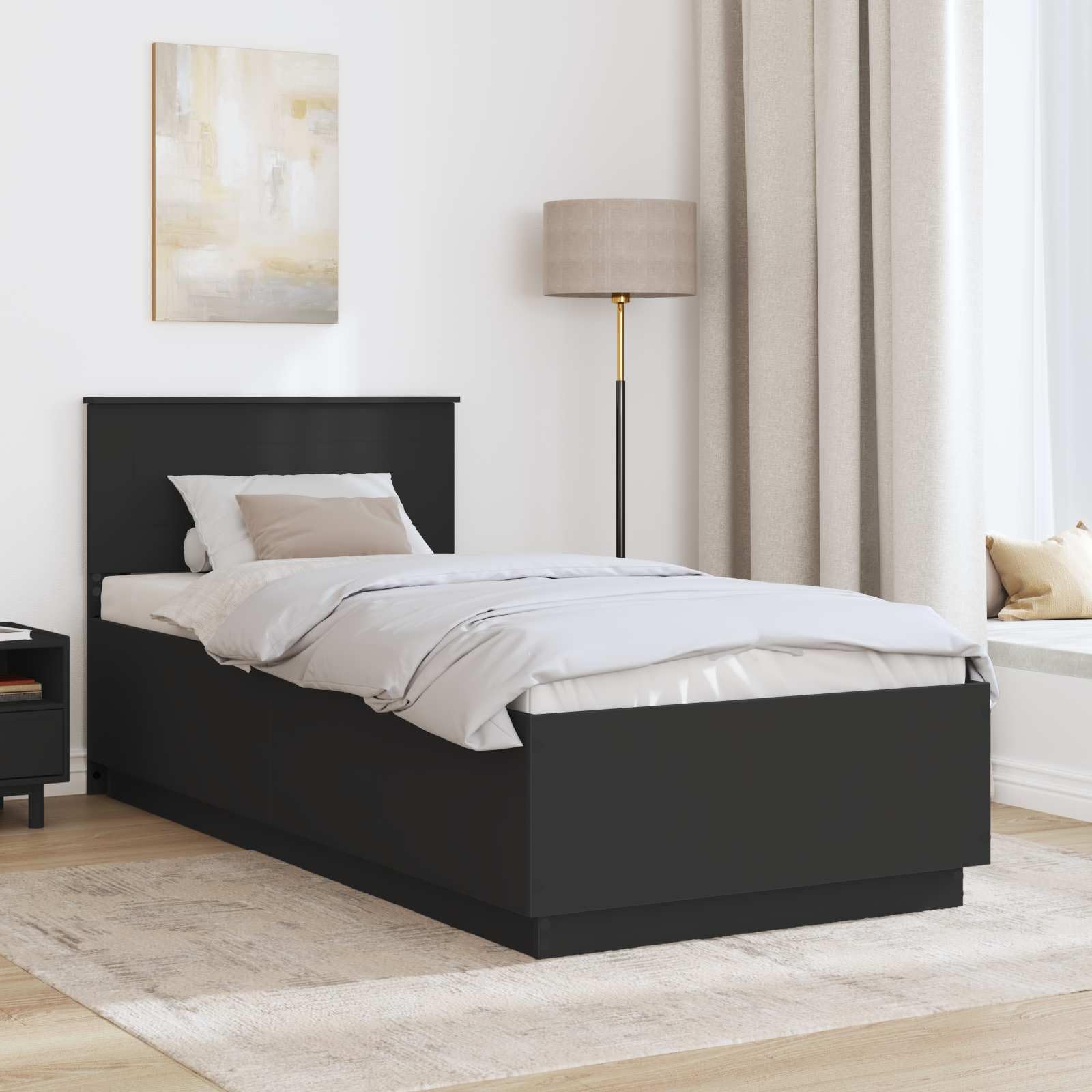 Telaio letto con testiera nera 100 x 200 cm, in legno regolabile, porta USB, montaggio a parete, per camera da letto e soggiorno moderno