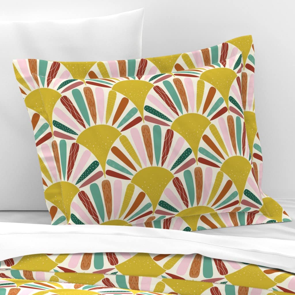 Spoonflower Cotton Sateen Flanged Edge Sham, Standard - Sun Blossoms Vintage Floral Art Deco Folk Sunrise Daisy Print Custom Bedding