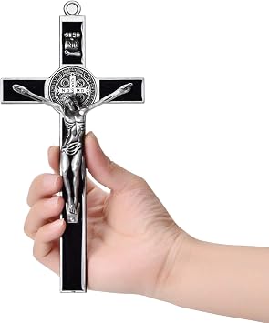 Wellcho Black Enamel Crucifix Wall Cross -Saint Benedict Metal Wall Art-7 Inch Cross Give Blessing and The Spiritual SacredFaith Gift for your Acquaintances