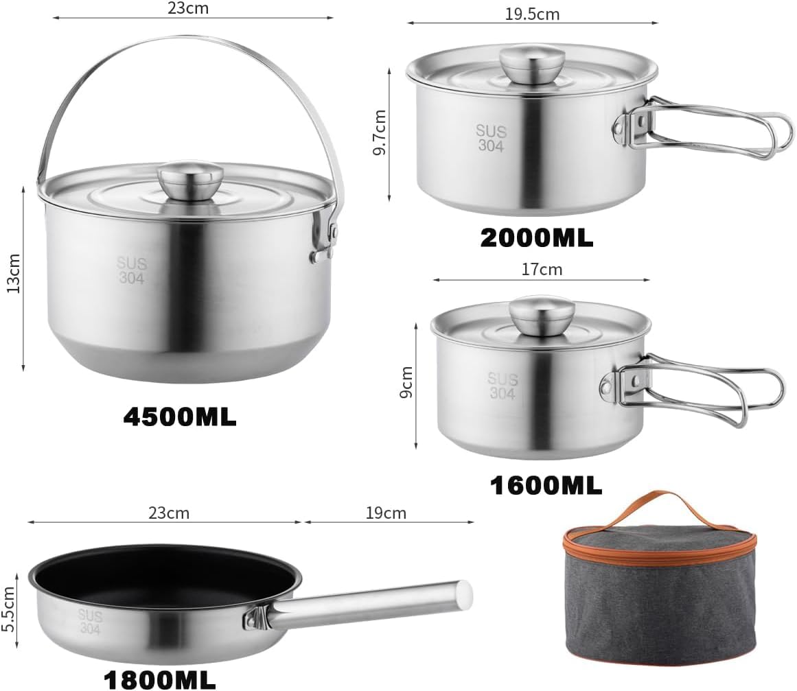 Camping Kochgeschirr Set, Töpfe und Pfannen für Lagerfeuer Kochen, inkl. Reisetasche für 4-6 Personen
