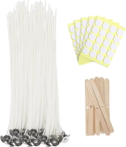 Vista 11 de Mecha de vela 300 piezas con 300 piezas de calcomanías de mecha y 30 piezas de soportes de mecha, mechas de algodón para velas para cera de soya