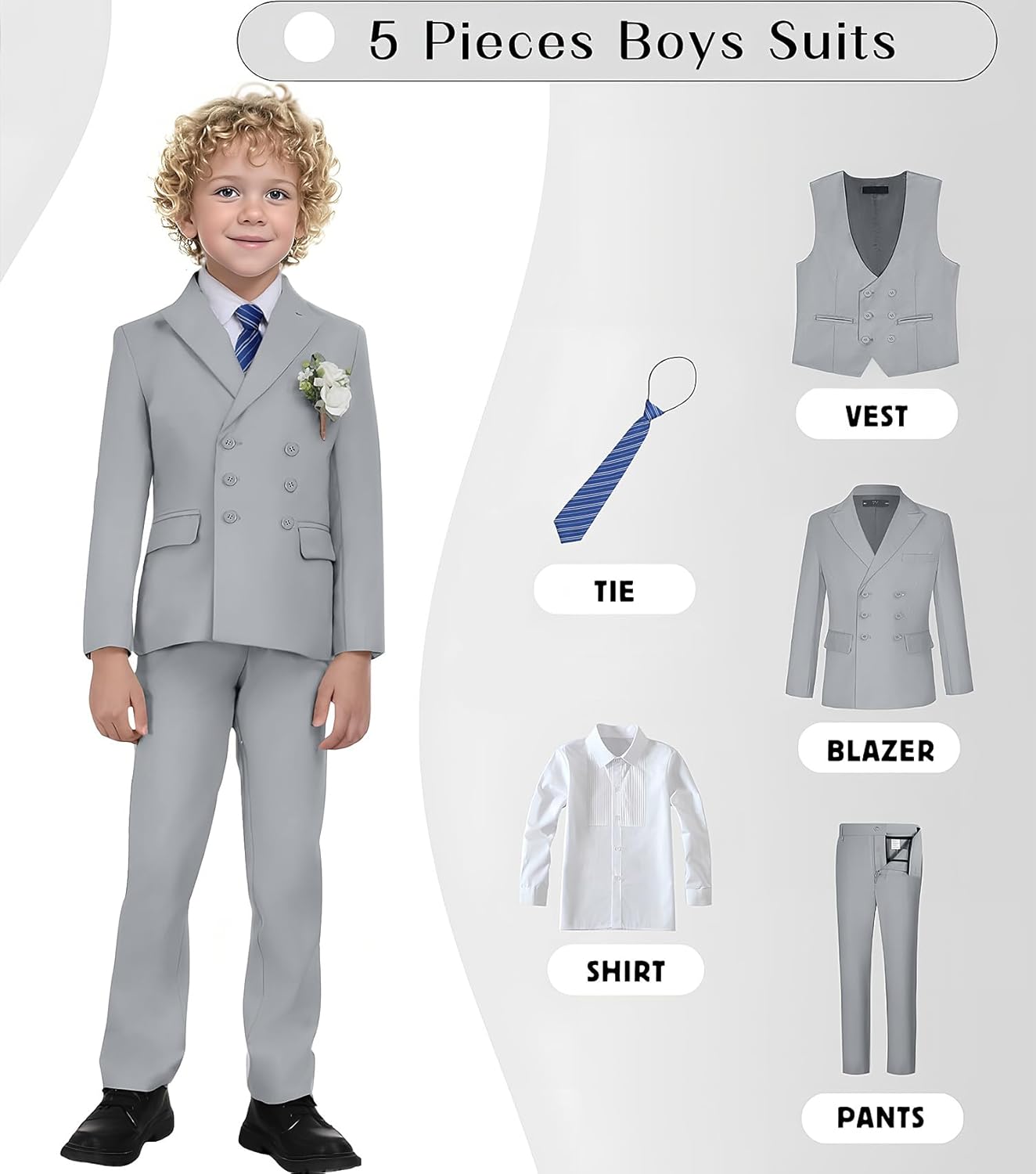 Boys Suit Kids Tuxedo Double Breasted Suits for Boy Dress Pants Set Slim Fit Formal Wedding Ring Bearer Outfit with Tie